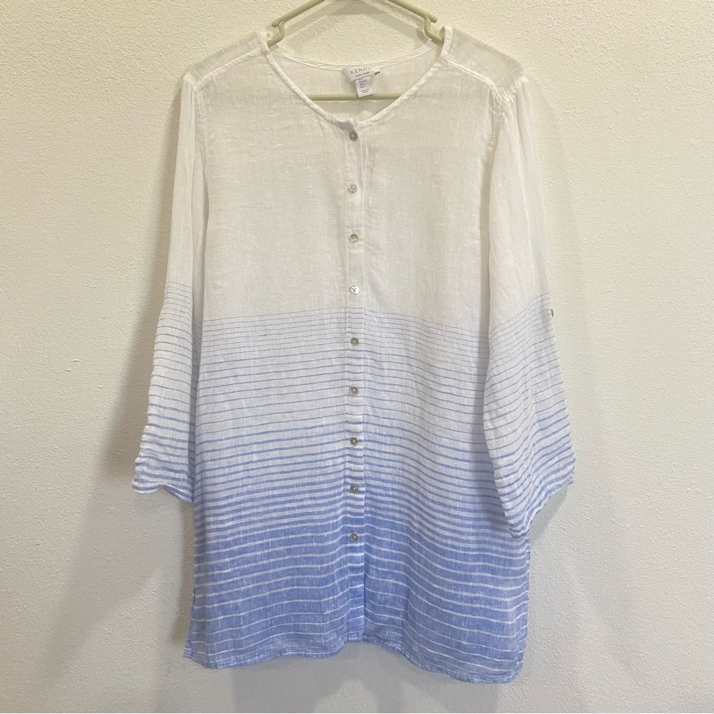 Kenar Blue White Striped 100% Linen Button Up Rolled Tab Sleeve Size‎ L